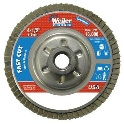 Weiler® Vortec Pro® Abrasive Flap Discs, Mounting:Threaded Hole, Grit:36, Speed [Max]:13,000 rpm