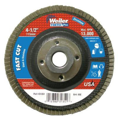 Weiler® Vortec Pro® Abrasive Flap Discs, Mounting:Threaded Hole, Grit:60, Speed [Max]:13,000 rpm