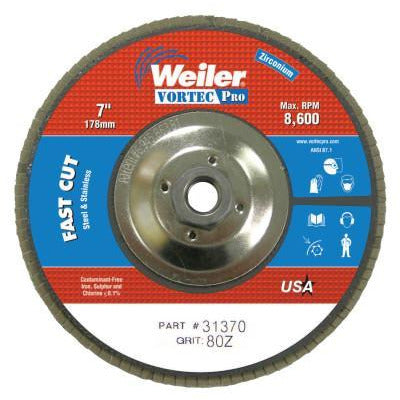 Weiler® Vortec Pro® Abrasive Flap Discs, Mounting:Threaded Hole, Grit:80, Speed [Max]:8,600 rpm