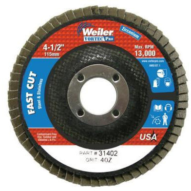 Weiler® Vortec Pro® Abrasive Flap Discs, Mounting:Arbor Hole, Grit:40, Speed [Max]:13,000 rpm