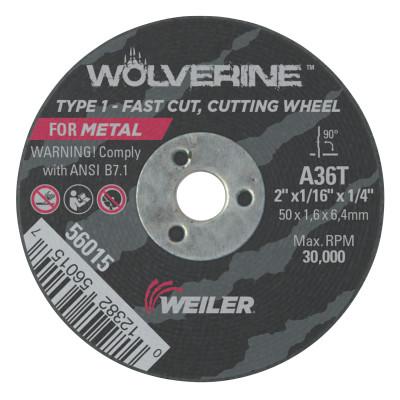 Weiler® Wolverine™ Thin Cutting Wheels, Tool Shape:Type 1, Grit:36, Arbor Diam [Nom]:1/4 in, Speed [Max]:30,000 rpm