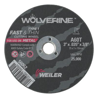 Weiler® Wolverine™ Thin Cutting Wheels, Tool Shape:Type 1, Grit:60, Arbor Diam [Nom]:3/8 in, Speed [Max]:25,000 rpm