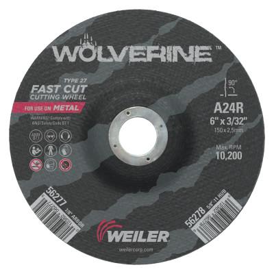 Weiler® Wolverine™ Thin Cutting Wheels, Tool Shape:Type 27, Grit:24, Arbor Diam [Nom]:7/8 in, Speed [Max]:10,200 rpm